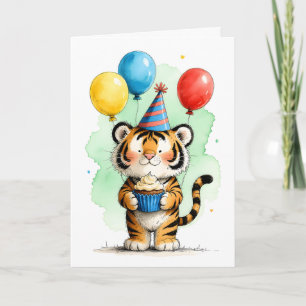 Cartão Tigre Fofo com Bolo de Aniversário Infantil Feliz