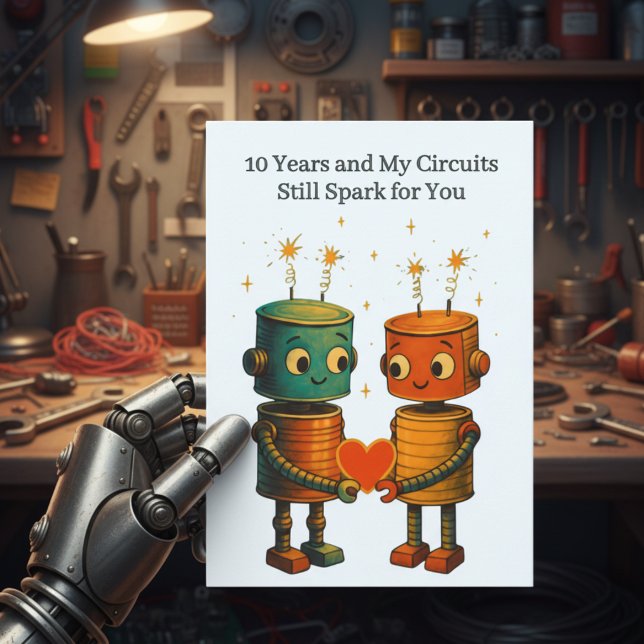 Cartão Tin Robot Love 10th Wedding Anniversary (Criador carregado)