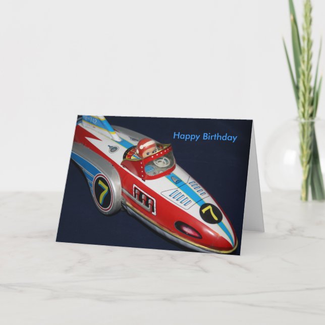 Cartão Tin Toy Rocket/Space Ship  Happy Birthday Card (Frente)
