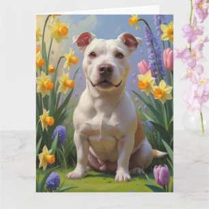 Cartão Tinta de Bull Terrier com Flores de Primavera