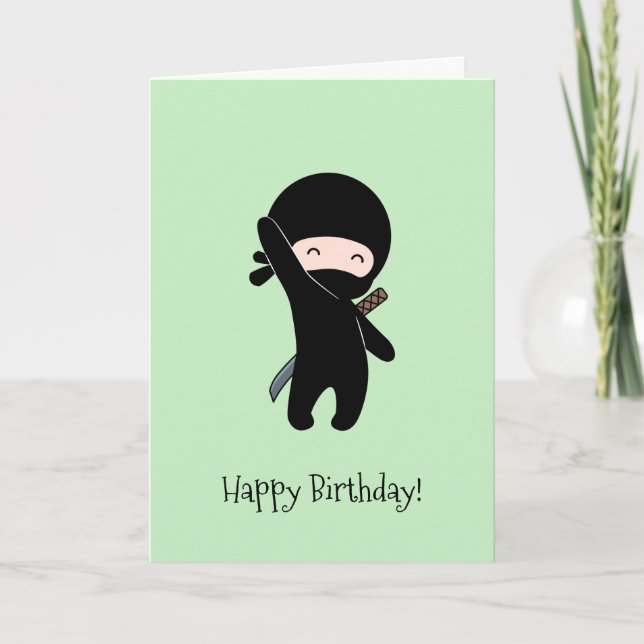 Cartão Tiny Happy Ninja on Green Birthday (Frente)