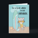 Cartão Tio Birthday Beach Funny Legal Raccoon<br><div class="desc">Envie cartões de aniversários de verão legal para seu querido tio com este cartão de guaxinim legal. Como podem ver, o guaxinim está tão legal com os óculos de sol em cima enquanto se inclina no seu prato de surfe. Seu tio certamente vai se rir da vida dele quando ele...</div>