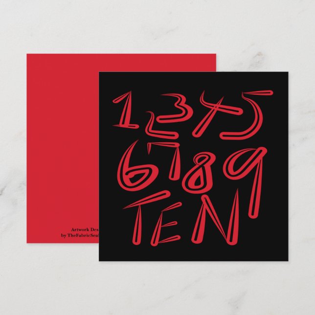 Cartão Tipografia de 1 a 10 em Vermelho no Padrão Preto (Frente/Verso)