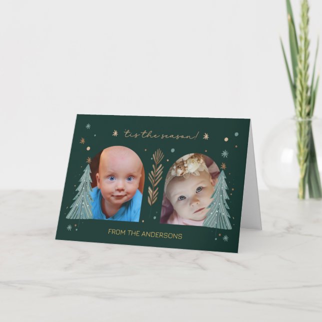 Cartão Tis the Season Green Christmas Photo Two Arches (Frente)