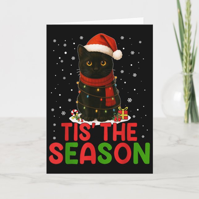 Cartão Tis' The Season Santa Hat Funny Black Cat Christma (Frente)