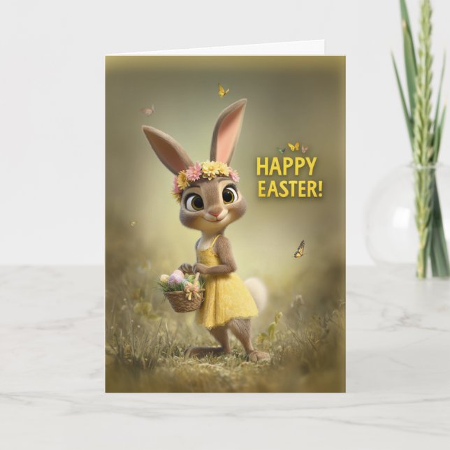 Cartão Title Adorable Easter Bunny with Basket and Flower (Frente)