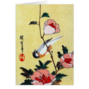 Cartão Titmouse e peônias, Hiroshige