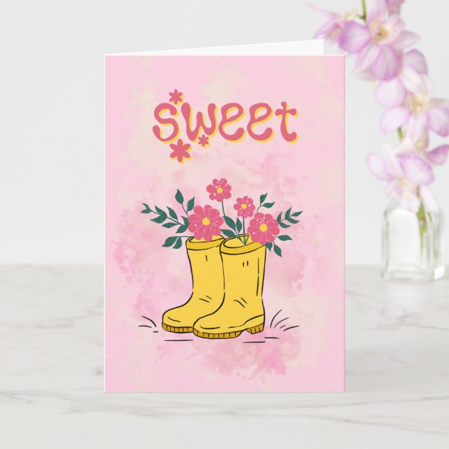 Cartão Título doce com Botas de Chuva Amarelas e Flores C (Orquídea)