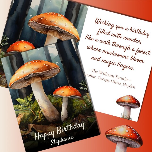 Cartão Toadstool vermelho-aquarela ・ Fall Forest Birday (Criador carregado)