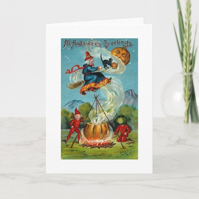 Cartão Toda Bruxa Voadora de Saudações do Halloween (Frente)