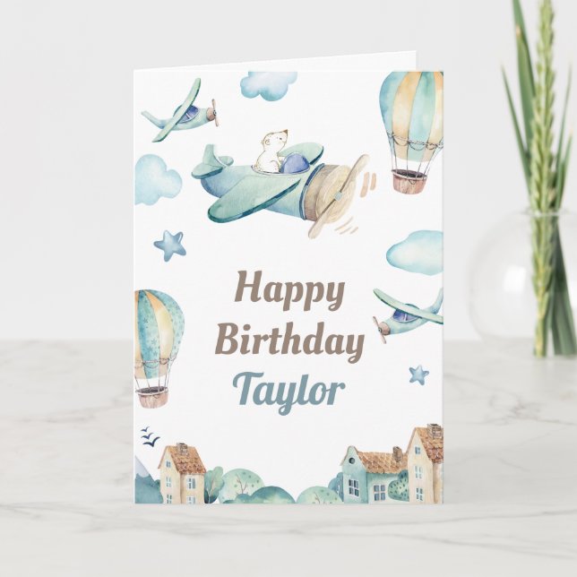 Cartão Toddler Boy Aviation Theme Happy Birthday and Name (Frente)