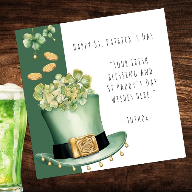 Cartão Top Hat Irlandês e Moedas Douradas (Customize with your Irish Blessing or St Patrick's Day wishes on the front and back of this card)