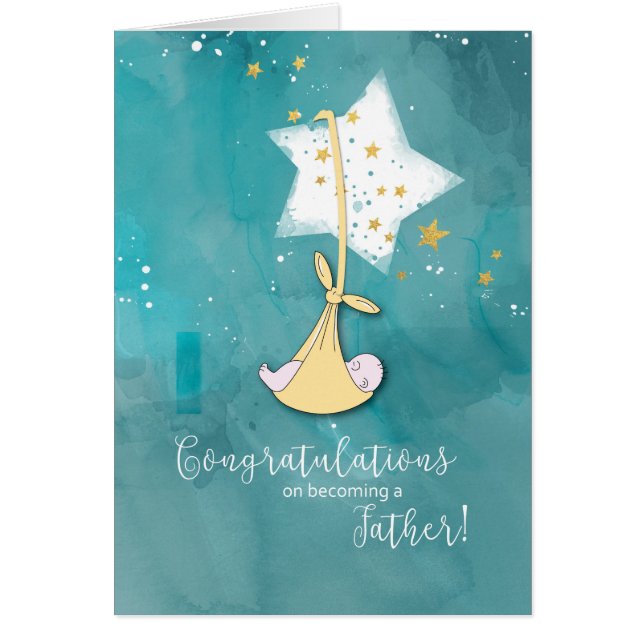 Cartão Tornando-se um Pai, Parabéns, Bebê em Estrelas (Frente)