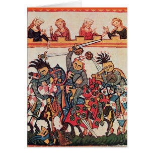 CARTÃO TORNEIO MEDIEVAL, CAVALEIROS E DONZELAS EM COMBATE