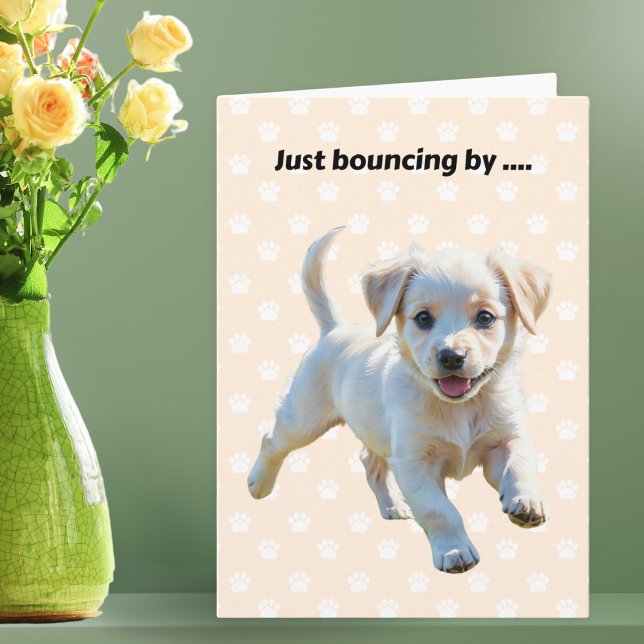 Cartão Torneira-branca com impressões de pata fica bem (A Get Well card with cute puppy picture and 'Just bouncing by' on a peach background with paw prints)
