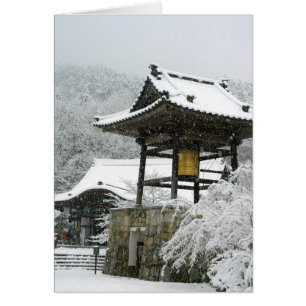 Cartão Torre de sino japonês na neve