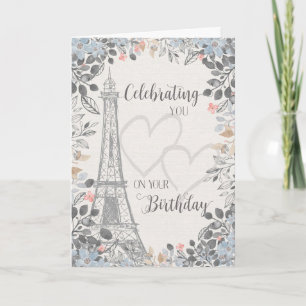 Cartão Torre Eiffel de Aniversário com Moldura Floral