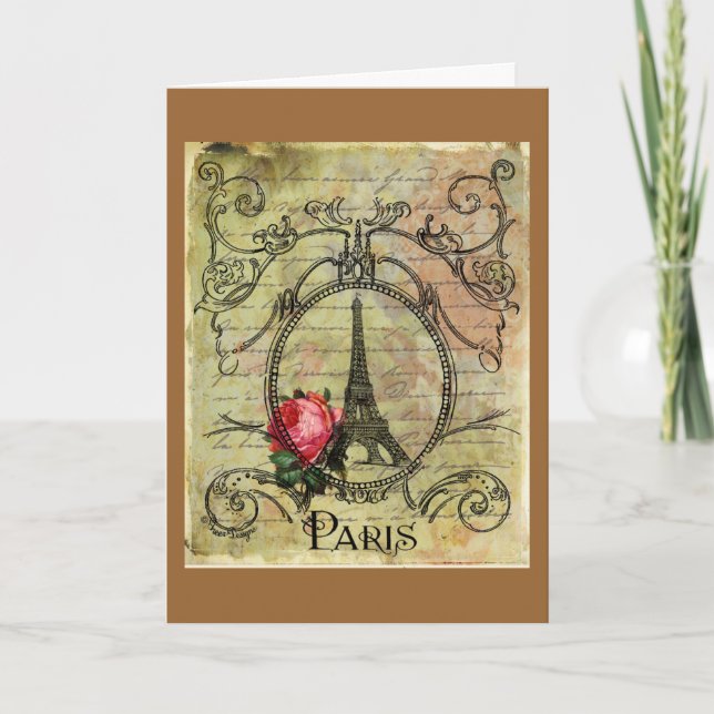 Cartão Torre Eiffel Paris e Rosa vermelha Steampunk (Frente)
