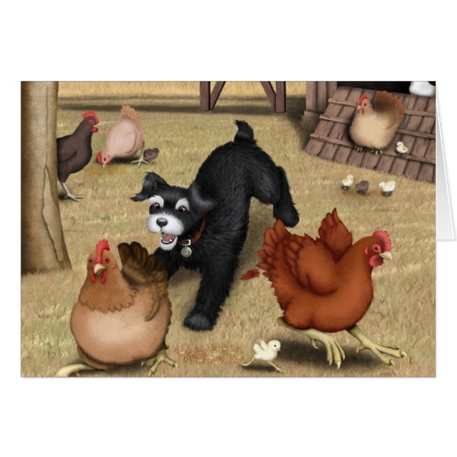 Cartão Toto que persegue galinhas na jarda (Frente horizontal)