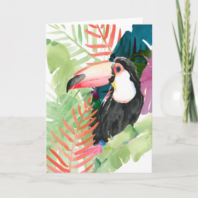 Cartão Toucan Portrait with Tropical Leaves (Frente)