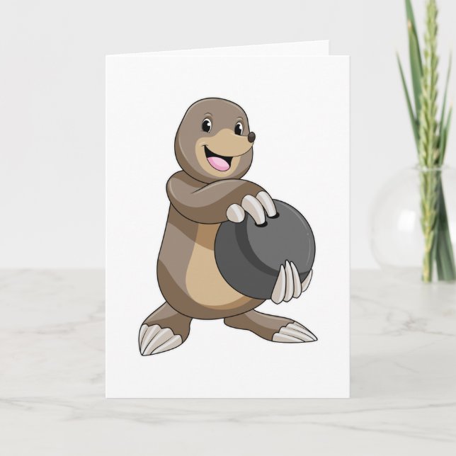 Cartão Toupeira no boliche com bola de boliche (Frente)