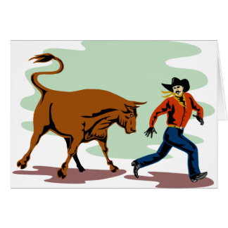 Cartão touro que persegue o vaqueiro do rodeio