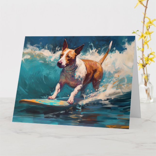Cartão Touro Terrier Beach Surfing Painting (Flor Amarela)