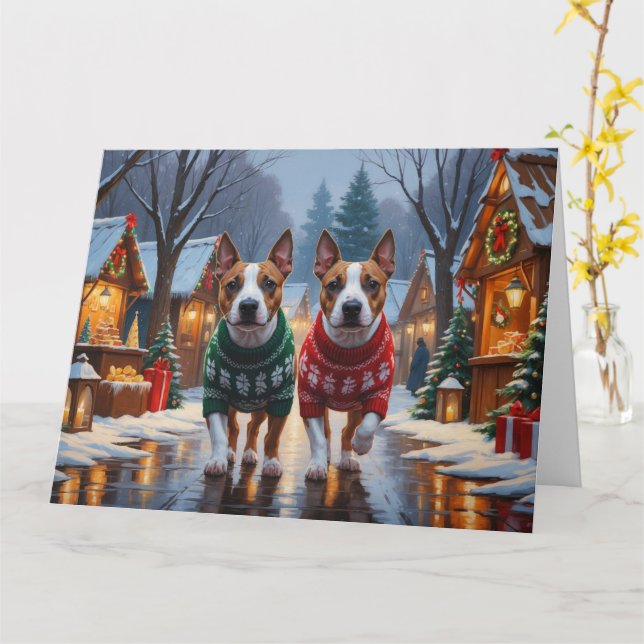 Cartão Touro Terrier Cães Feriado de Natal (Flor Amarela)