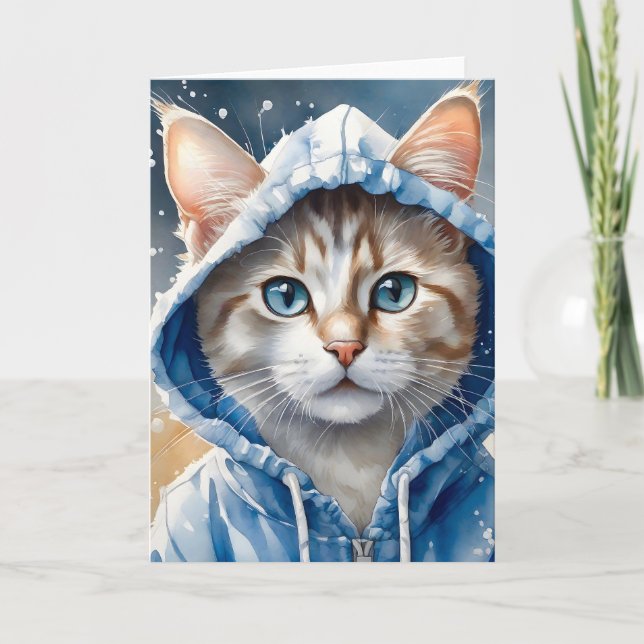 Cartão Trabalho de arte de Aquarela Tabby Cat Blue Hoodie (Frente)