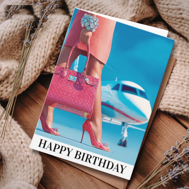 Cartão Travel Birthday Elegant Woman Handbag & Airplane (Criador carregado)