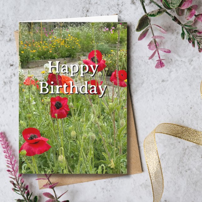 Cartão Travel Birthday Red Poppy Flowers Fun Photo  (Criador carregado)