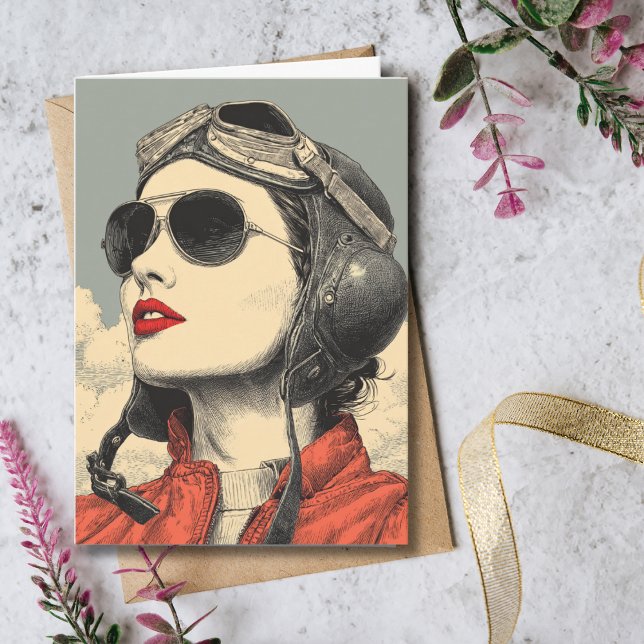 Cartão Travel Birthday Vintage Retro Aviator Girl (Criador carregado)