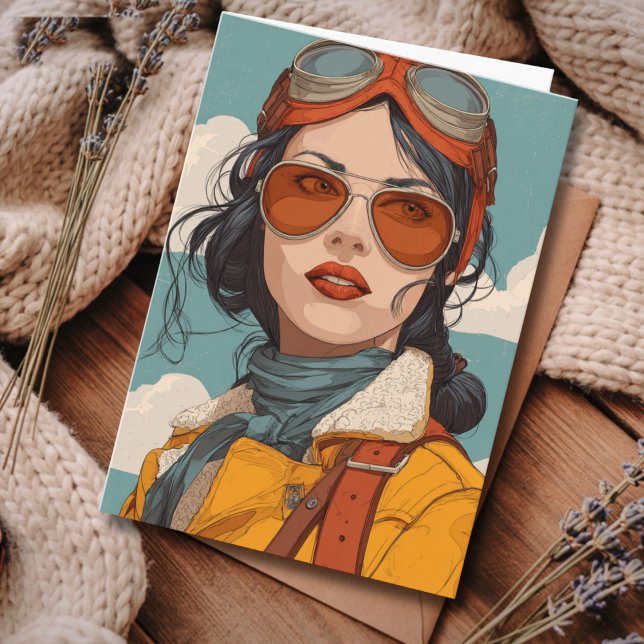 Cartão Travel Birthday Vintage Retro Aviator Girl (Criador carregado)