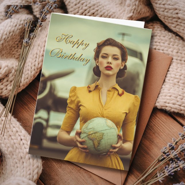 Cartão Travel Birthday Vintage Retro Woman Airplane Chic (Criador carregado)