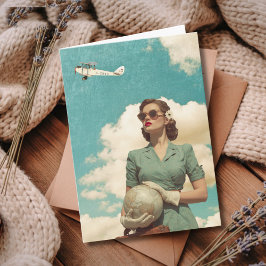 Cartão Travel Birthday Vintage Retro Woman Map & Airplane