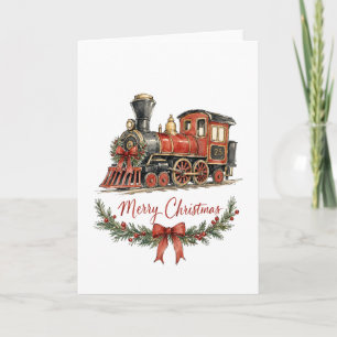 Cartão Trem de Natal em Aquarela com Coroa