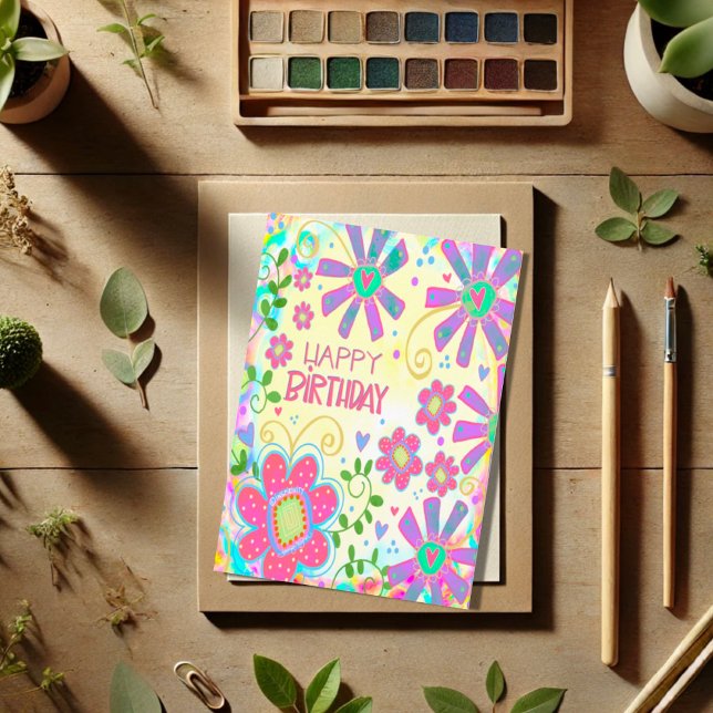 Cartão Trendência de Parabéns Feliz Pastel Floral bonito (Criador carregado)