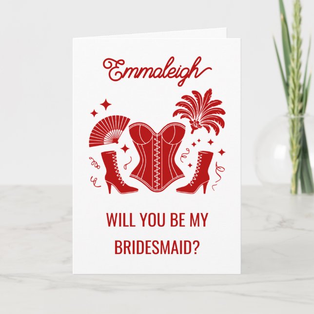 Cartão Trendy Red Las Vegas Showgirl Bridesmaid Proposal (Frente)