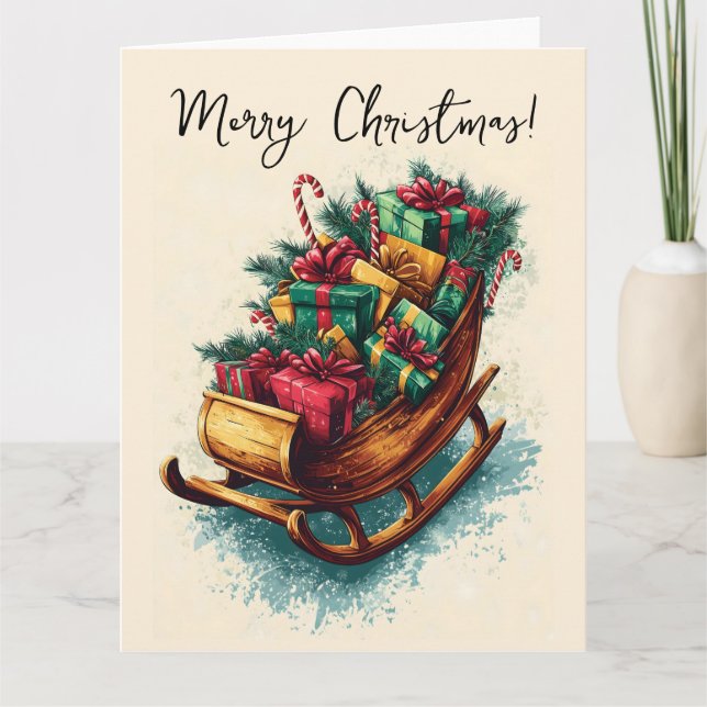 Cartão Trenó Antigo Cheio de Presentes de Natal (Frente)