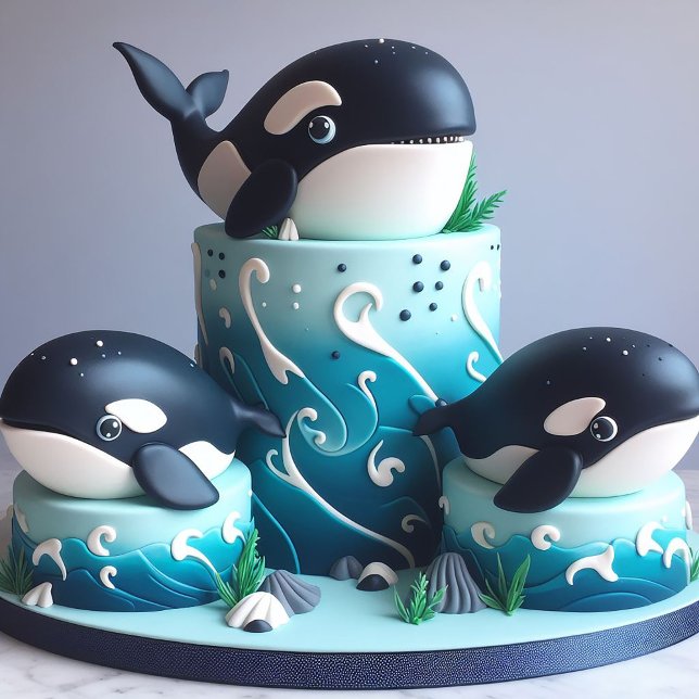 CARTÃO TRÊS BOLOS DE ANIVERSÁRIO DE ORCA BRANCA E NEGRA (Criador carregado)