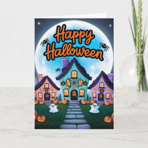Cartão Três casas de halloween cheio moon kawaii