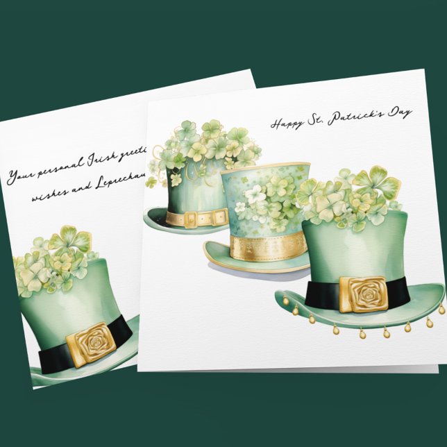 Cartão Três Chapéus De Leprechaun Irlandeses De Dia de Sã (Three different Leprechaun top hats in green and gold on customizable St Paddy's Day cards.)