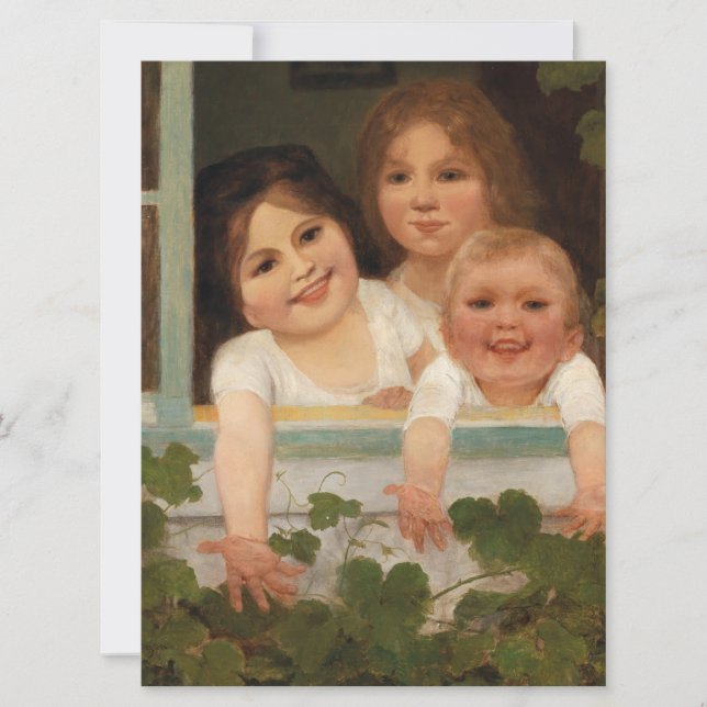 Cartão Três crianças na janela (Frente)