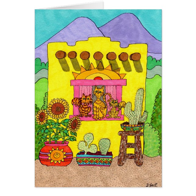 Cartão Três gatos em uma casa amarela da Adobe (Frente)