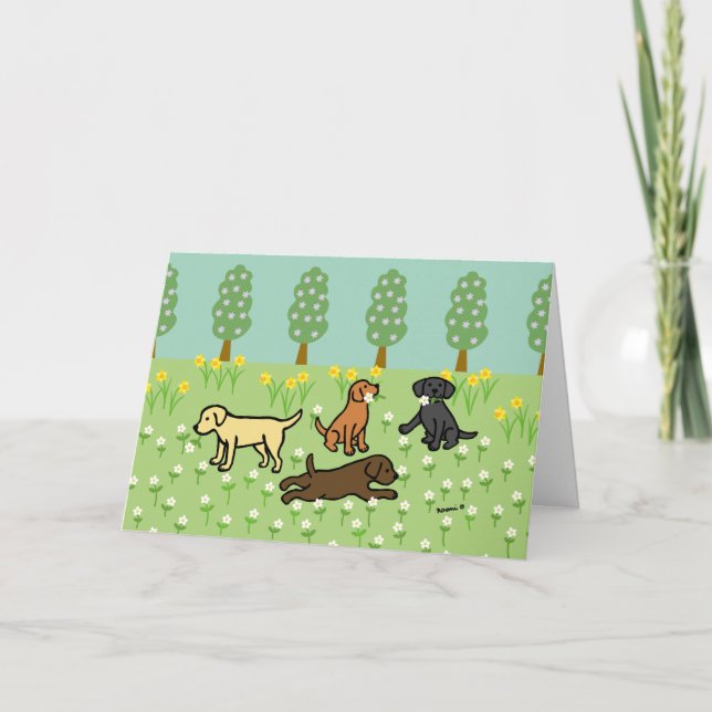 Cartão Três Labradores com Flores da Primavera (Frente)