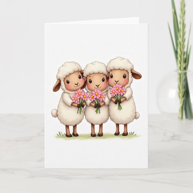 Cartão Três Ovelhas Com Flores (Frente)