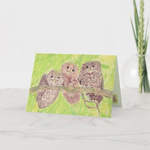 Cartão Três Pequenas Corujas De Vassoura - pintura acríli
