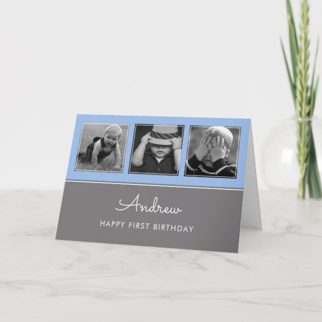 Cartão Três Primeiro Aniversário - Colagem de Fotos Azul (Frente)