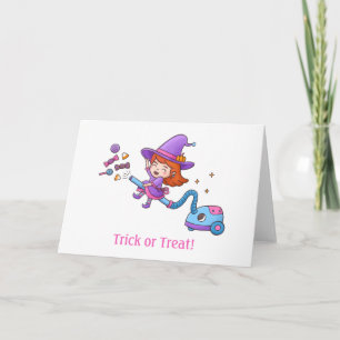 Cartão Trick or Treat Cute Little Witch on Vacuum Cleaner