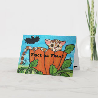 Cartão Trick or Treat Tabby Cat Halloween Pumpkin Card